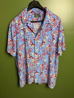 Light Blue Paisley Short Sleeve Button Shirt with Red & Cream Accents festival